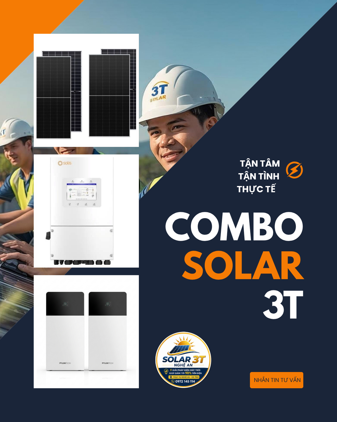 Combo điện mặt trời Solar3T gồm tấm pin, inverter Solis và pin lưu trữ Pylontech